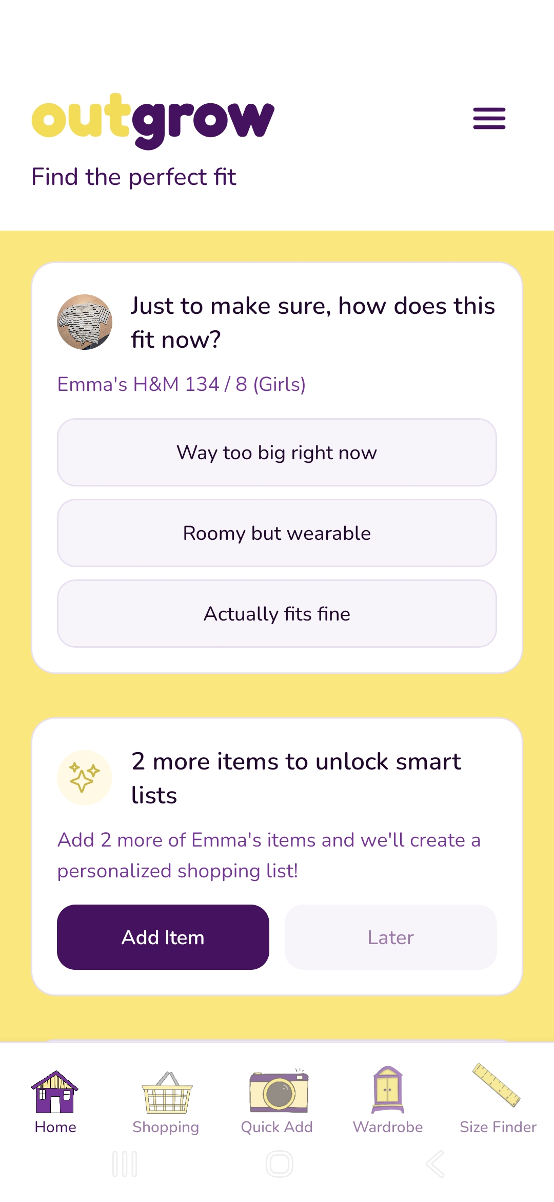 Outgrow App Home - Add items and track how they fit