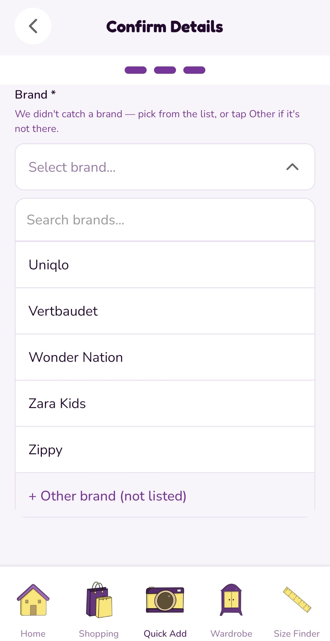 The brand list on the Confirm Details screen, with a search box and an option for a brand that is not listed