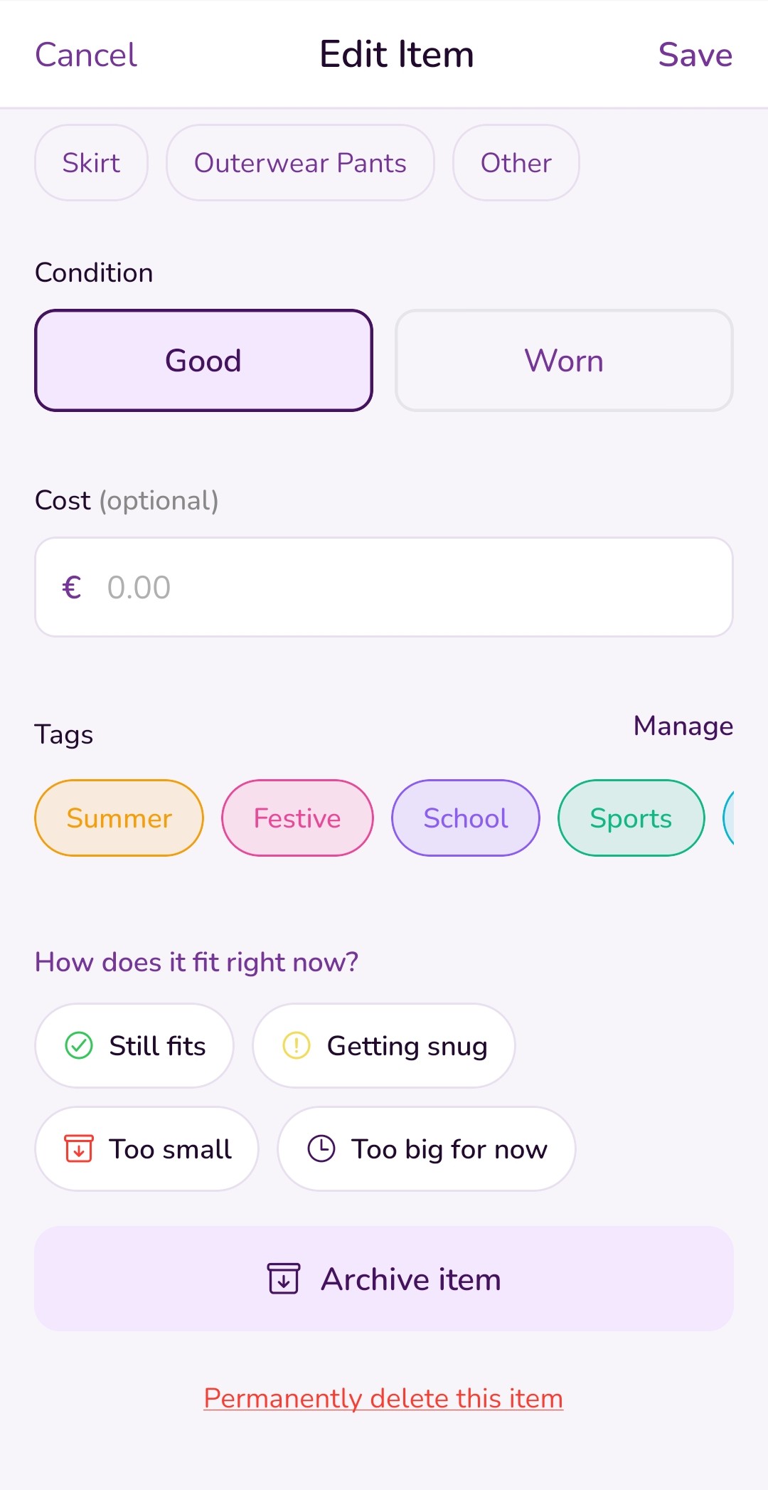 The Edit Item screen showing condition, cost, tags and the four fit options: Still fits, Getting snug, Too small and Too big for now