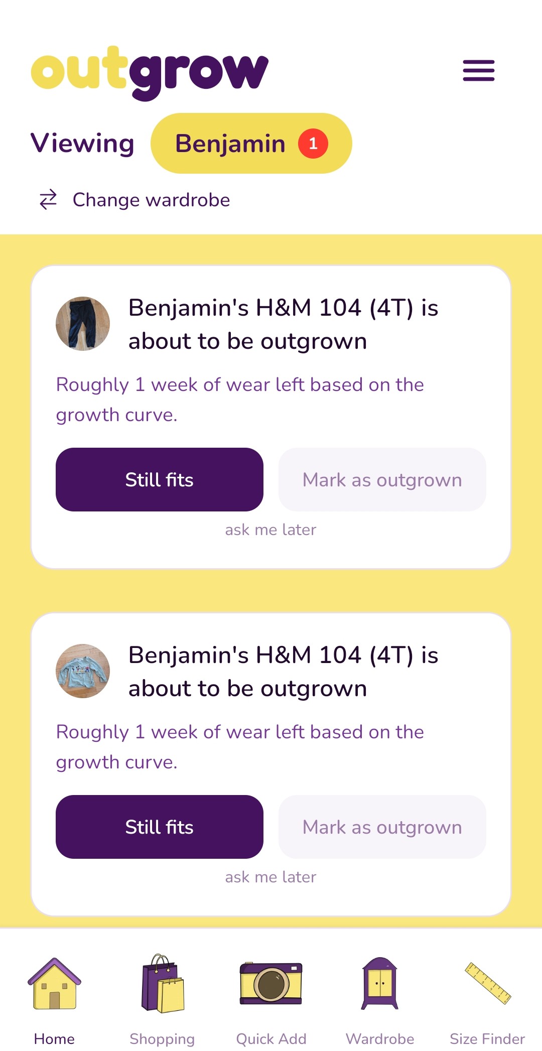Two alert cards on Home saying an item is about to be outgrown, with buttons for Still fits and Mark as outgrown