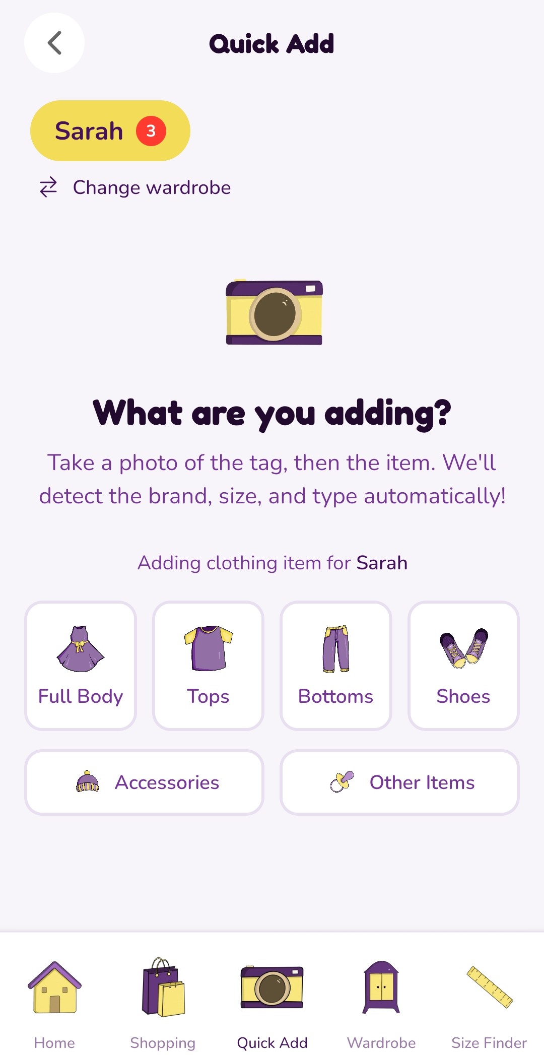 The Quick Add screen with category tiles for Full Body, Tops, Bottoms, Shoes, Accessories and Other Items