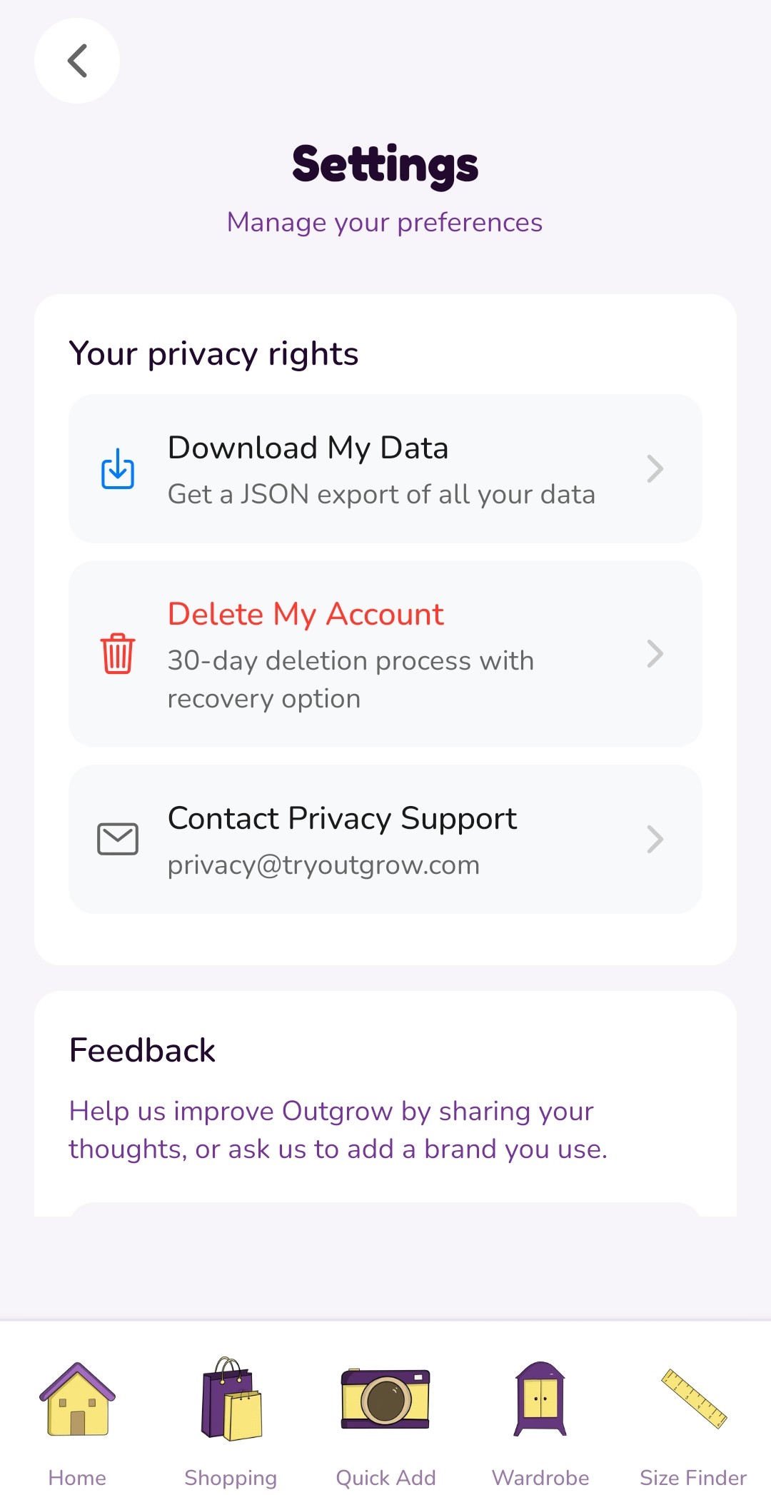 The Settings screen with Download My Data, Delete My Account and Contact Privacy Support, and a Feedback section
