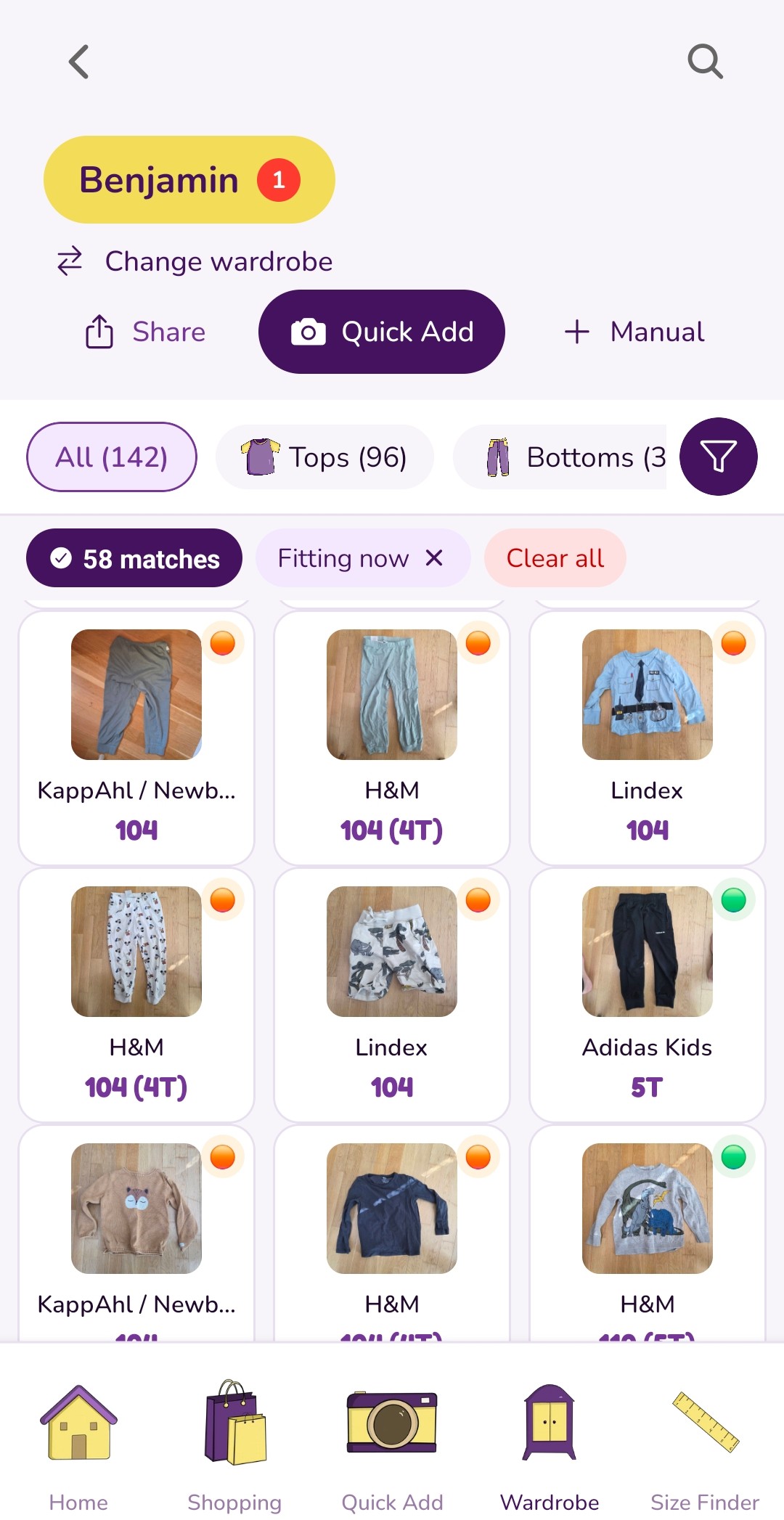 The wardrobe with the Fitting now filter applied and a count of matching items