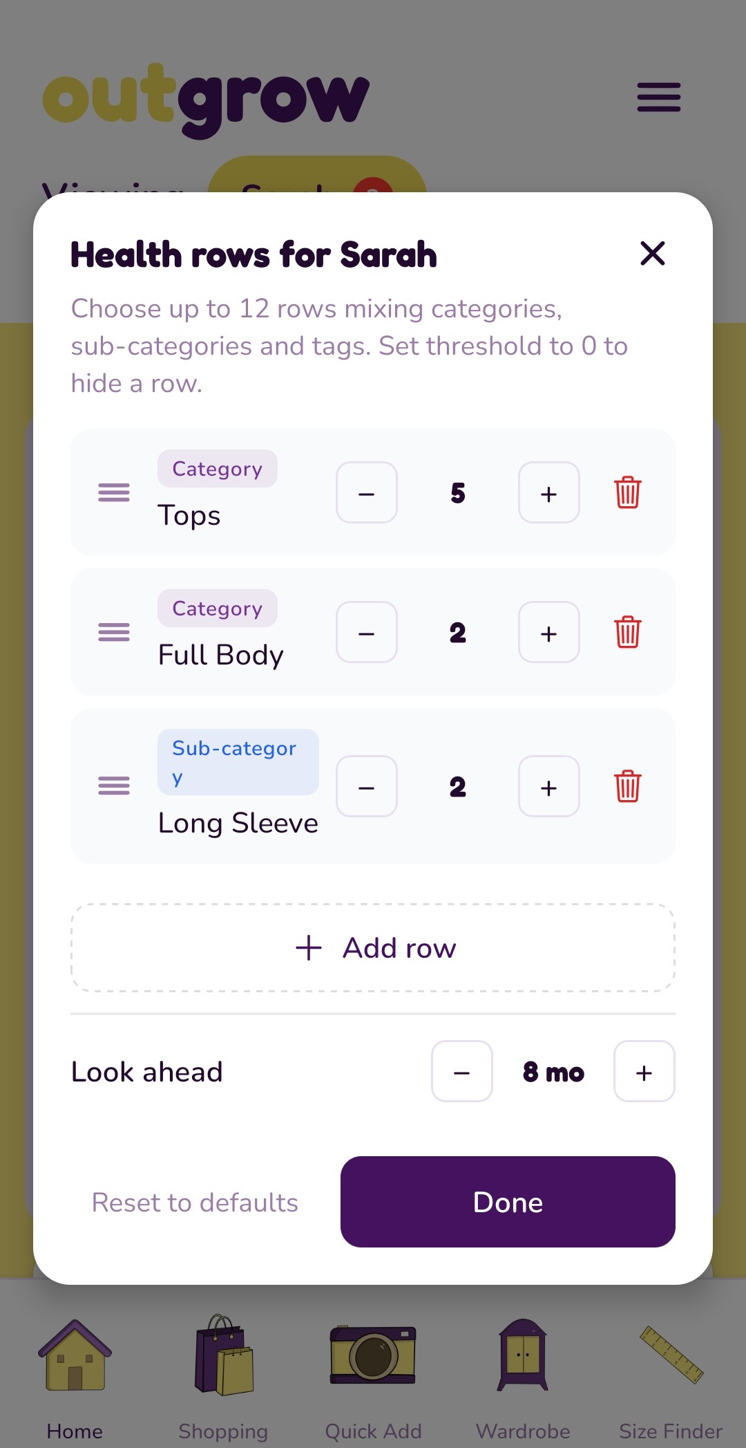 The Health rows settings with rows for Tops, Full Body and Long Sleeve, a goal for each row and a look-ahead setting
