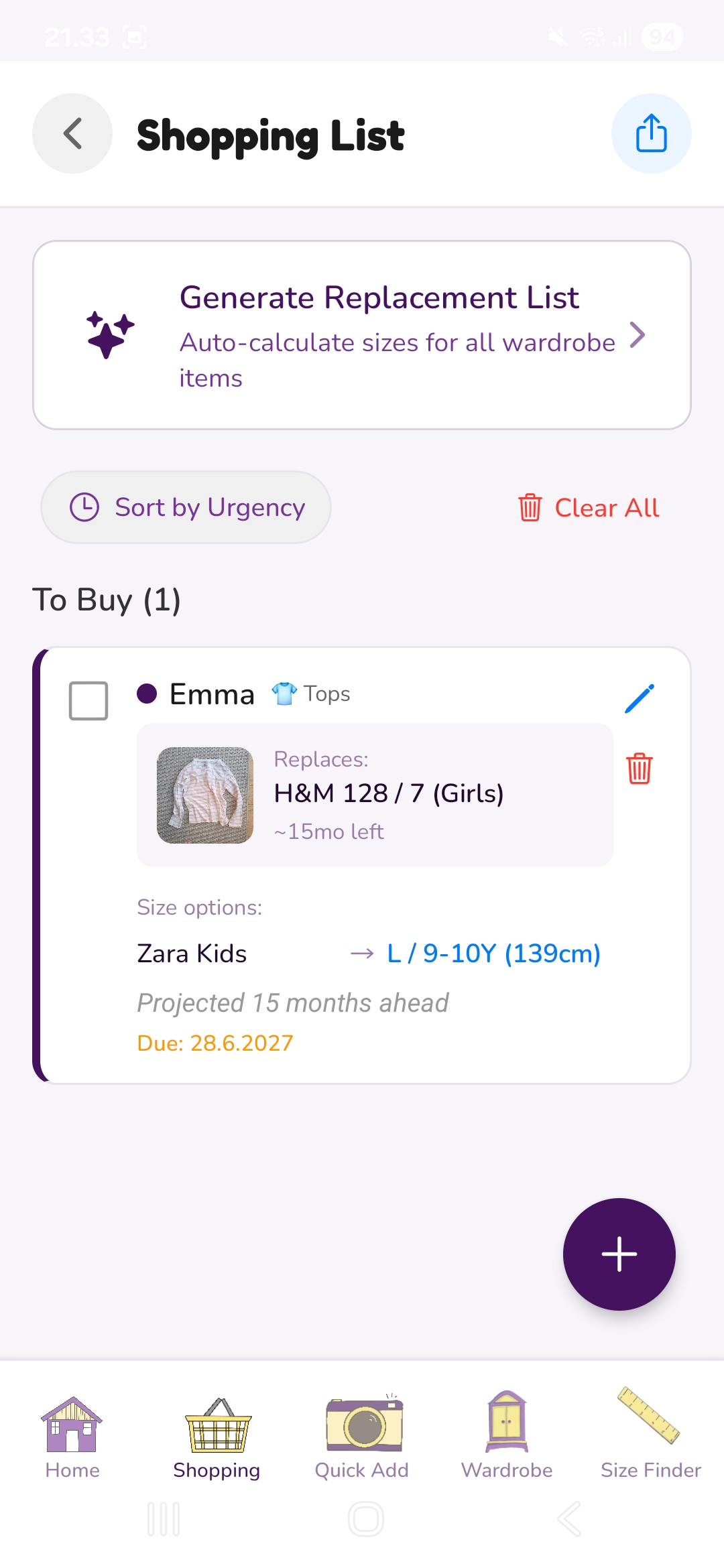 Outgrow Shopping List - Personalised replacement list with sizes and timing